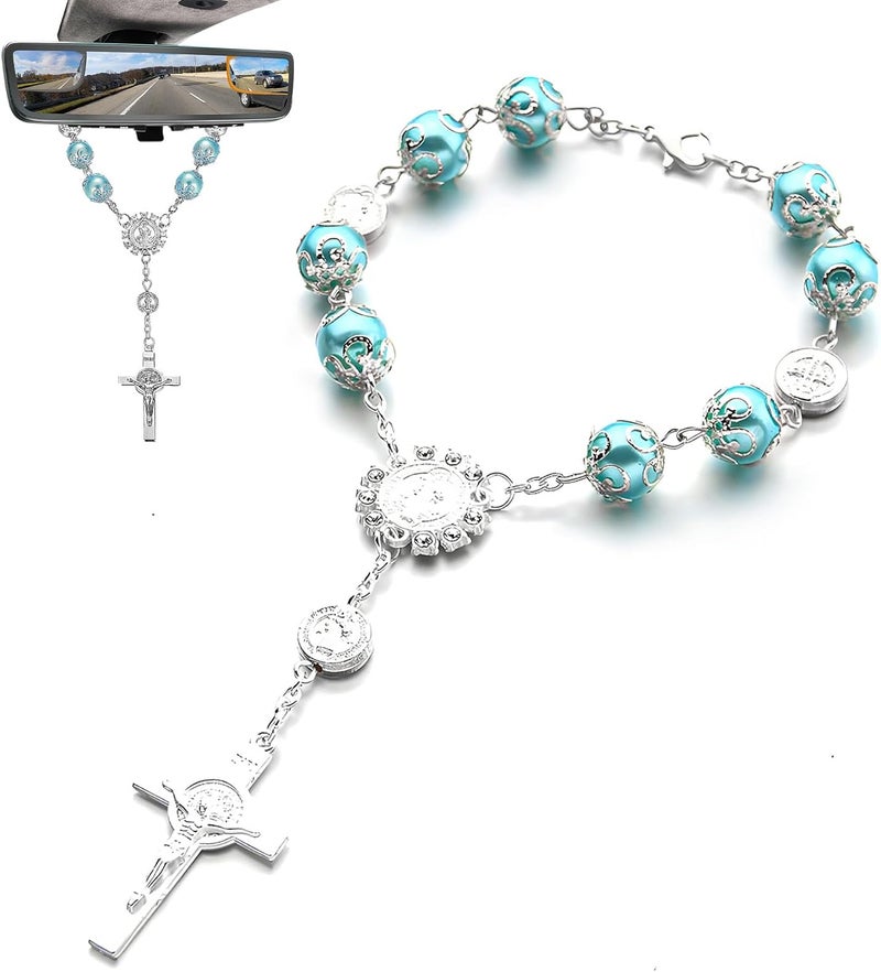 SHMZK Car Rosary for Rearview Mirror, Personalized Blessing Hanging Pendant for Car Rear View Mirror, Cross Rosary Ornament Interior Decor for Most Vehicles, Car Accessories (Blue) - Image 1